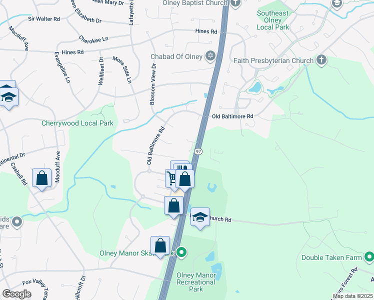 map of restaurants, bars, coffee shops, grocery stores, and more near 16940 Maryland 97 in Olney
