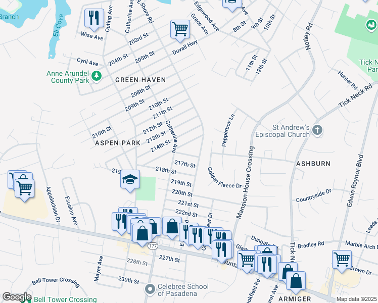 map of restaurants, bars, coffee shops, grocery stores, and more near 758 216th Street in Pasadena