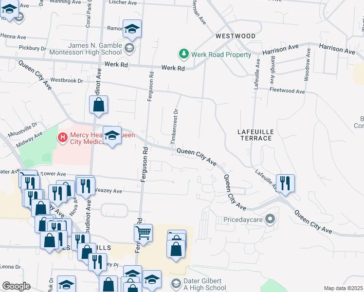 map of restaurants, bars, coffee shops, grocery stores, and more near 2828 Queen City Avenue in Cincinnati