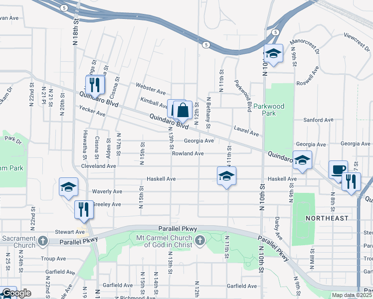 map of restaurants, bars, coffee shops, grocery stores, and more near 1206 Rowland Avenue in Kansas City