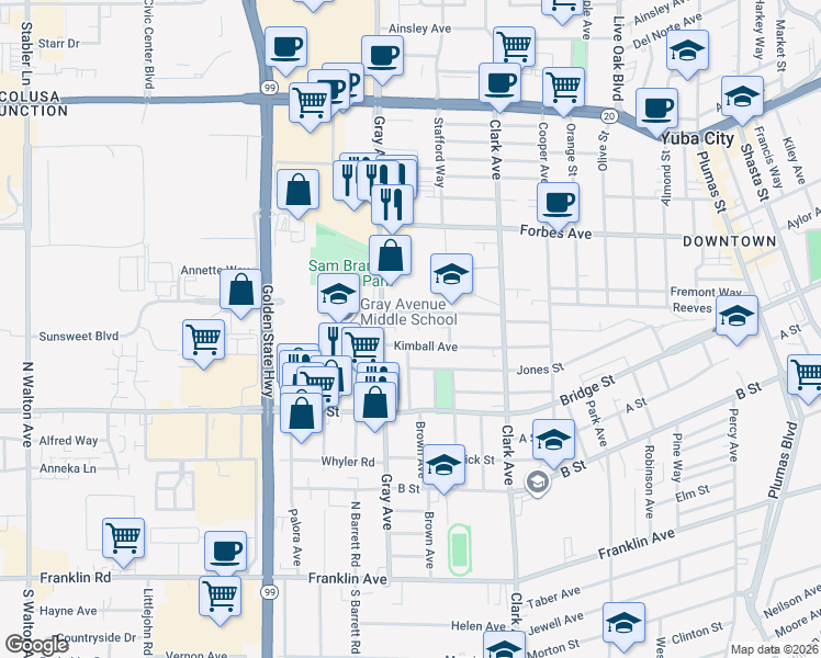 map of restaurants, bars, coffee shops, grocery stores, and more near 750 Abbott Way in Yuba City