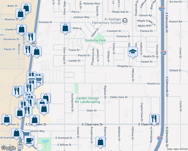 map of restaurants, bars, coffee shops, grocery stores, and more near 915 Kerinne Cir in Carson City