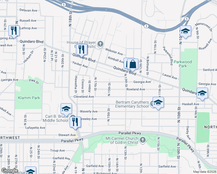map of restaurants, bars, coffee shops, grocery stores, and more near 1500 Rowland Avenue in Kansas City