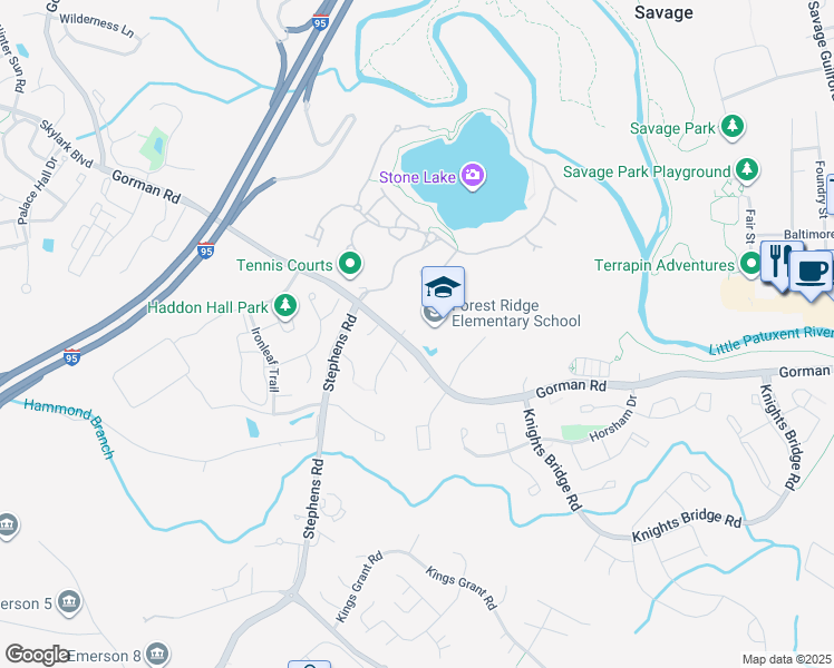 map of restaurants, bars, coffee shops, grocery stores, and more near 9550 Gorman Road in Laurel