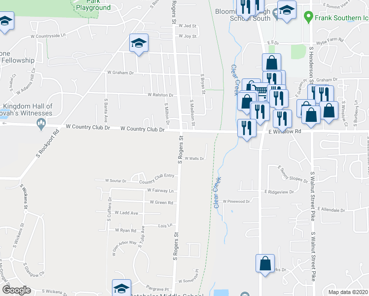 map of restaurants, bars, coffee shops, grocery stores, and more near 2821 South Rogers Street in Bloomington
