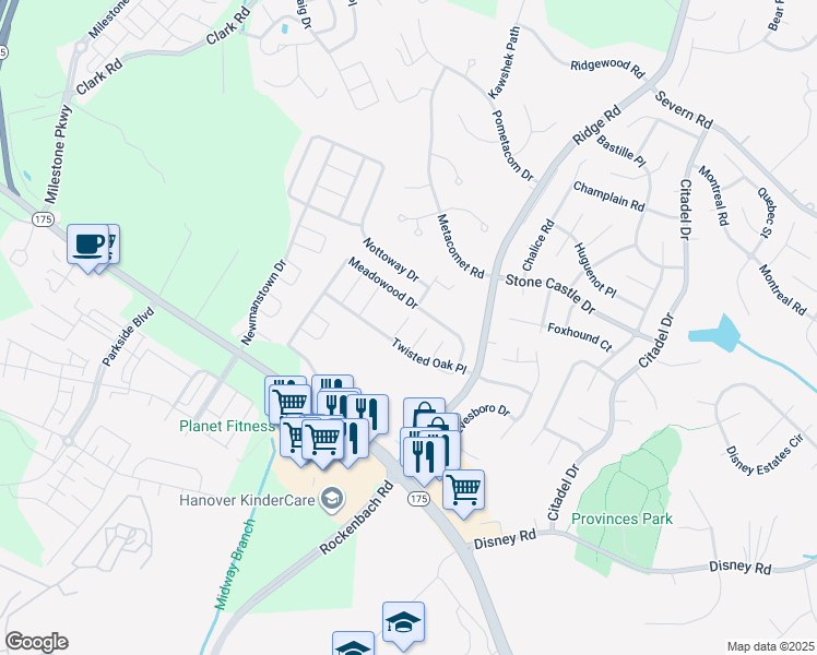 map of restaurants, bars, coffee shops, grocery stores, and more near 7925 Breezy Knoll Lane in Severn