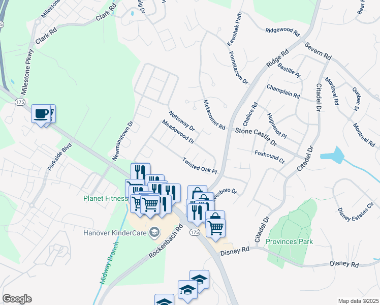 map of restaurants, bars, coffee shops, grocery stores, and more near 7925 Breezy Knoll Lane in Severn