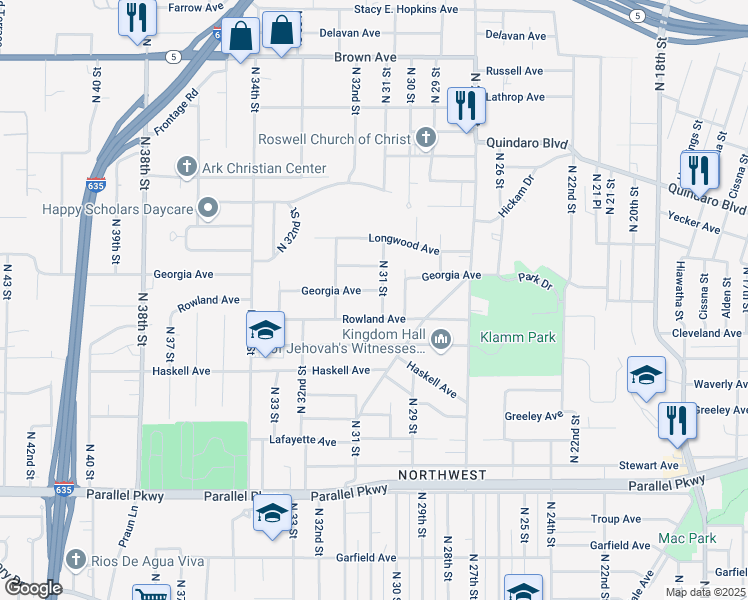 map of restaurants, bars, coffee shops, grocery stores, and more near 3105 Georgia Avenue in Kansas City