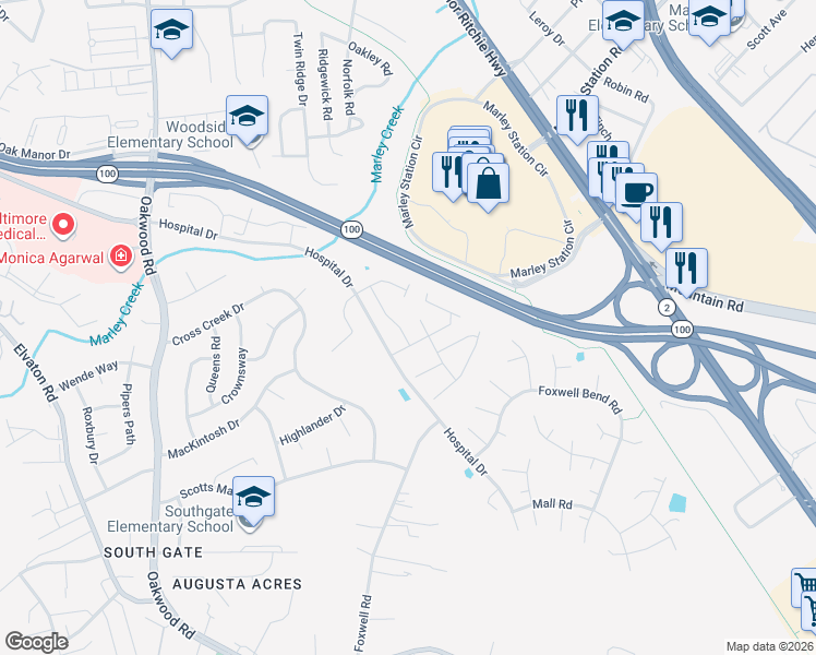 map of restaurants, bars, coffee shops, grocery stores, and more near 7853 Foxfarm Lane in Glen Burnie
