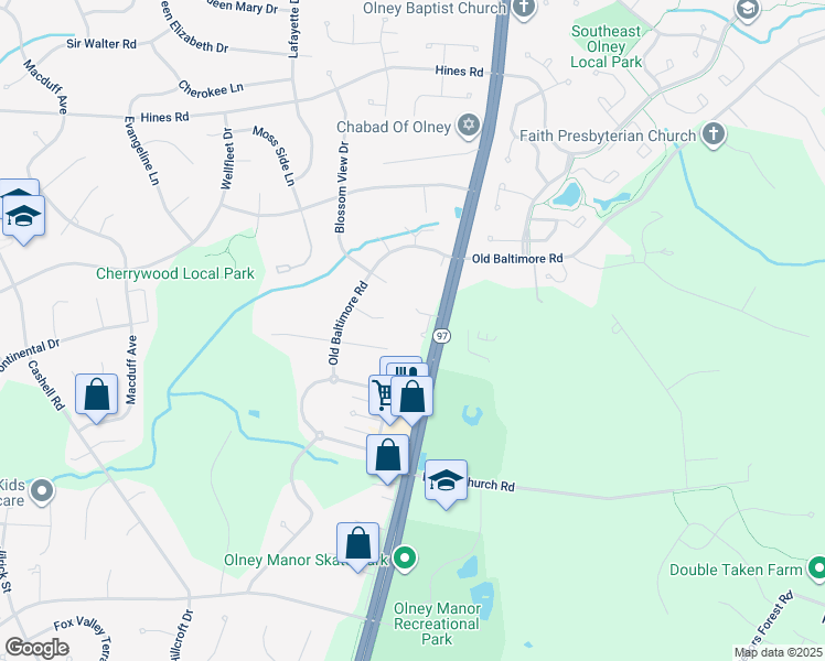 map of restaurants, bars, coffee shops, grocery stores, and more near 16940 Georgia Avenue in Olney