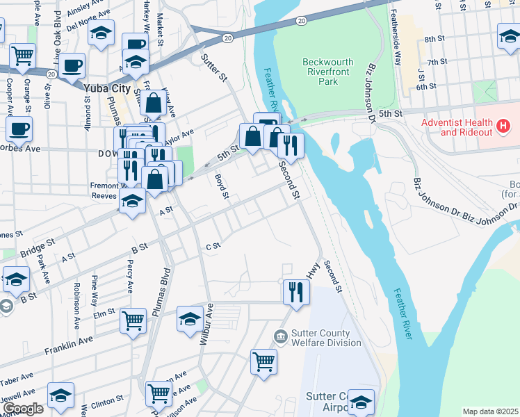 map of restaurants, bars, coffee shops, grocery stores, and more near 254 B Street in Yuba City