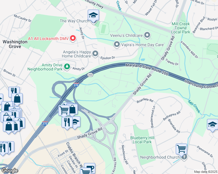 map of restaurants, bars, coffee shops, grocery stores, and more near 17029 Briardale Road in Rockville