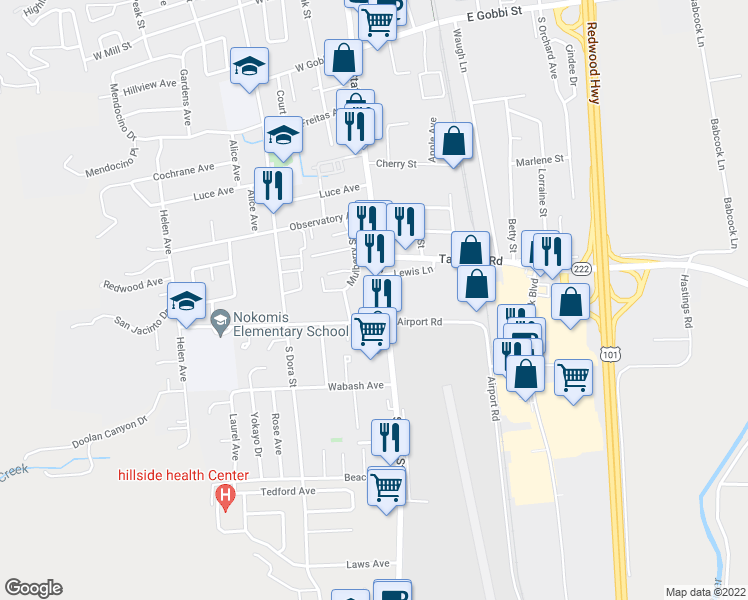 map of restaurants, bars, coffee shops, grocery stores, and more near 1170 South State Street in Ukiah