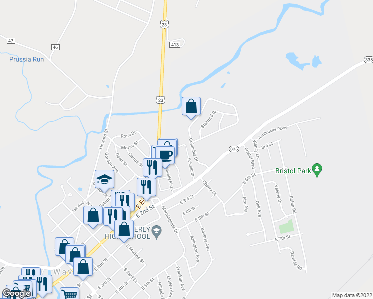map of restaurants, bars, coffee shops, grocery stores, and more near 45 Schmitt Drive in Waverly