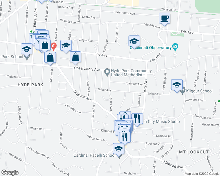 map of restaurants, bars, coffee shops, grocery stores, and more near 1308 Grace Avenue in Cincinnati