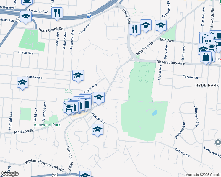 map of restaurants, bars, coffee shops, grocery stores, and more near 2305 Easthill Avenue in Cincinnati