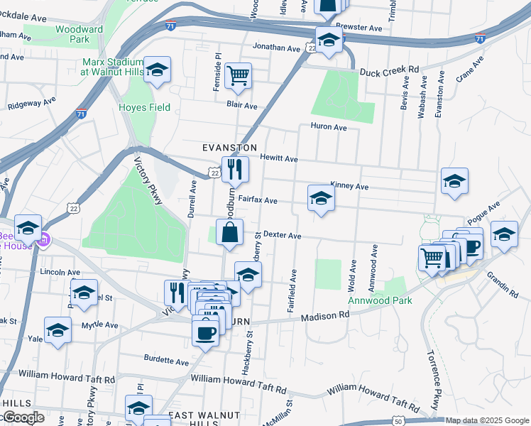 map of restaurants, bars, coffee shops, grocery stores, and more near 3132 Hackberry Street in Cincinnati