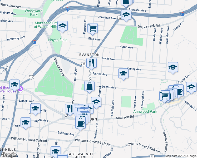map of restaurants, bars, coffee shops, grocery stores, and more near 3132 Hackberry Street in Cincinnati