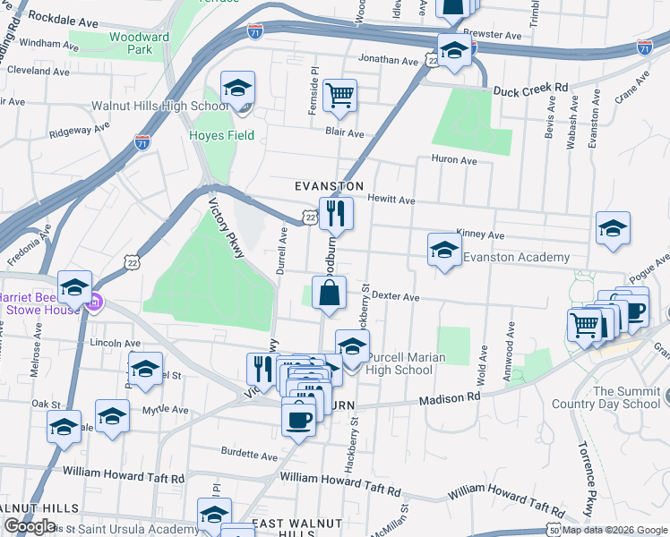 map of restaurants, bars, coffee shops, grocery stores, and more near 3128 Woodburn Avenue in Cincinnati