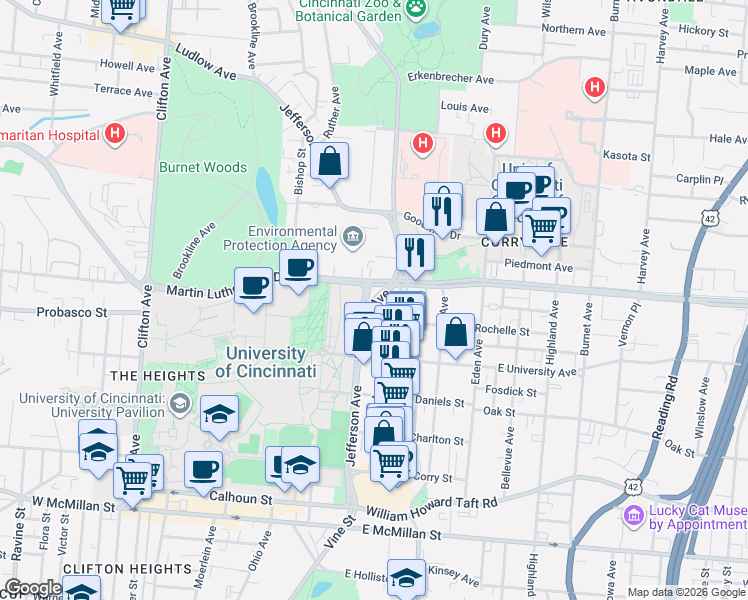 map of restaurants, bars, coffee shops, grocery stores, and more near 3115 Jefferson Avenue in Cincinnati