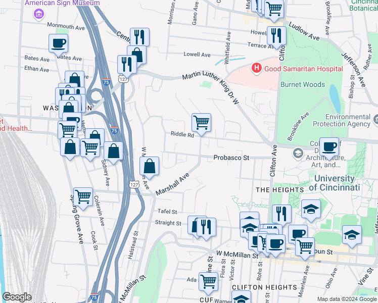 map of restaurants, bars, coffee shops, grocery stores, and more near 632 Probasco Street in Cincinnati