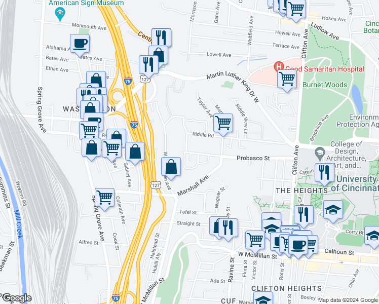 map of restaurants, bars, coffee shops, grocery stores, and more near 2959 Deckebach Avenue in Cincinnati