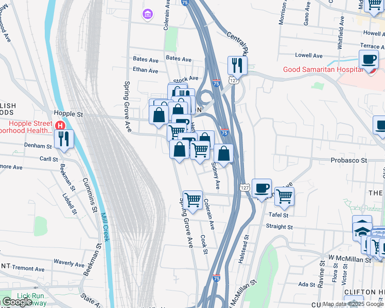 map of restaurants, bars, coffee shops, grocery stores, and more near 2909 Colerain Avenue in Cincinnati