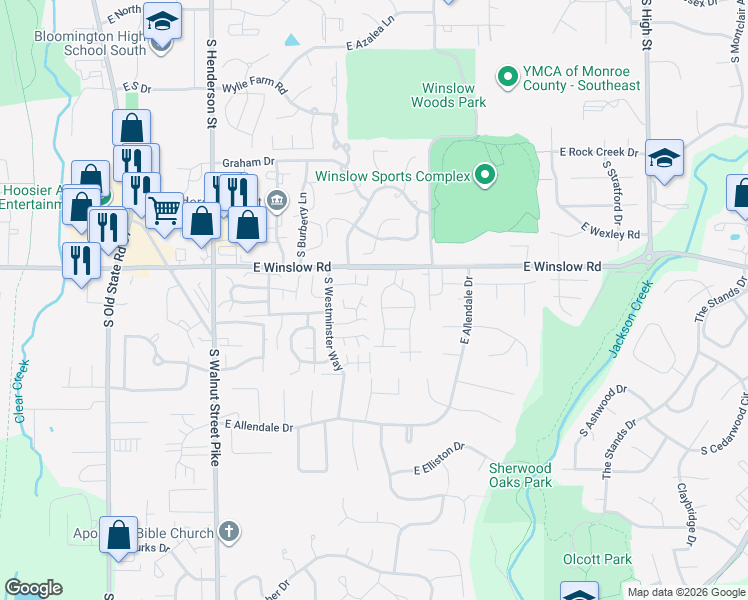 map of restaurants, bars, coffee shops, grocery stores, and more near 1199 East Buckingham East Street in Bloomington