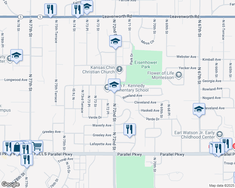map of restaurants, bars, coffee shops, grocery stores, and more near 7126 Rowland Avenue in Kansas City