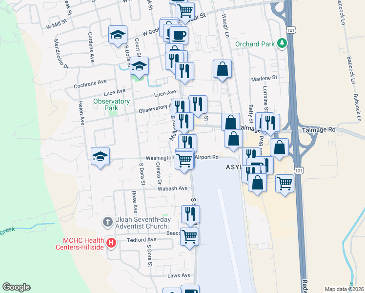 map of restaurants, bars, coffee shops, grocery stores, and more near 1170 South State Street in Ukiah