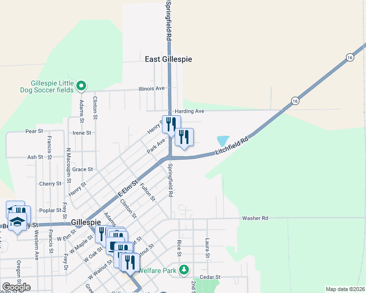 map of restaurants, bars, coffee shops, grocery stores, and more near 608 Calcari Street in Gillespie