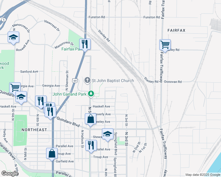 map of restaurants, bars, coffee shops, grocery stores, and more near 358 Rowland Avenue in Kansas City