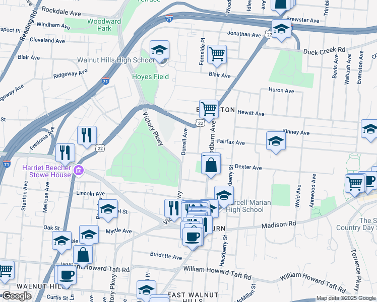 map of restaurants, bars, coffee shops, grocery stores, and more near 1506 Merrimac Street in Cincinnati