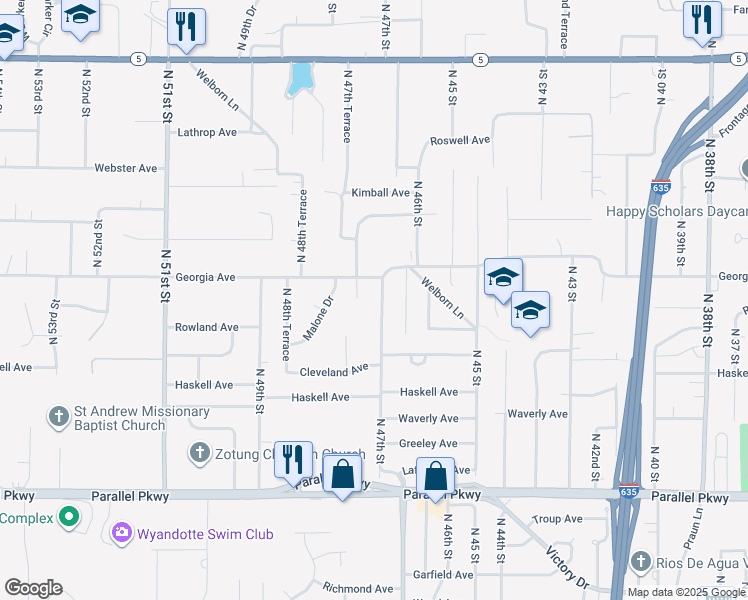 map of restaurants, bars, coffee shops, grocery stores, and more near 2610 N 47th St in Kansas City
