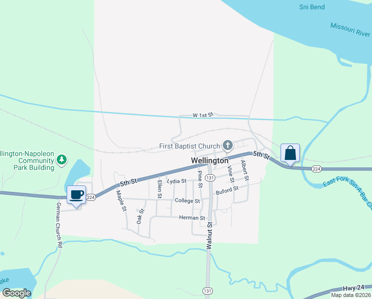 map of restaurants, bars, coffee shops, grocery stores, and more near 214 West 2nd Street in Wellington