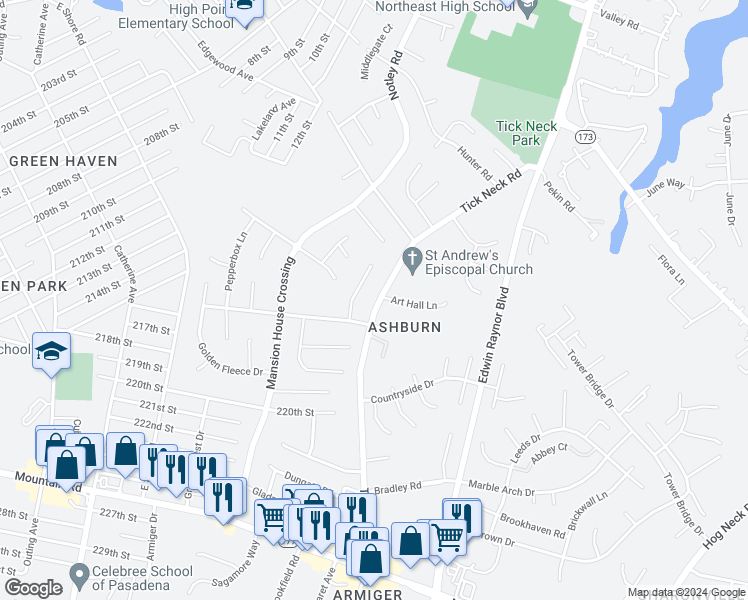 map of restaurants, bars, coffee shops, grocery stores, and more near 7862 Tick Neck Road in Pasadena
