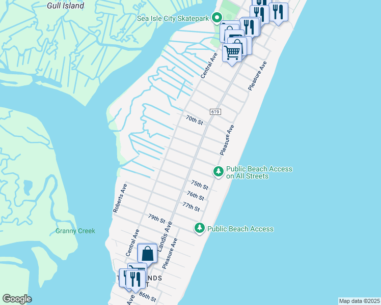 map of restaurants, bars, coffee shops, grocery stores, and more near 109 73rd Street in Sea Isle City