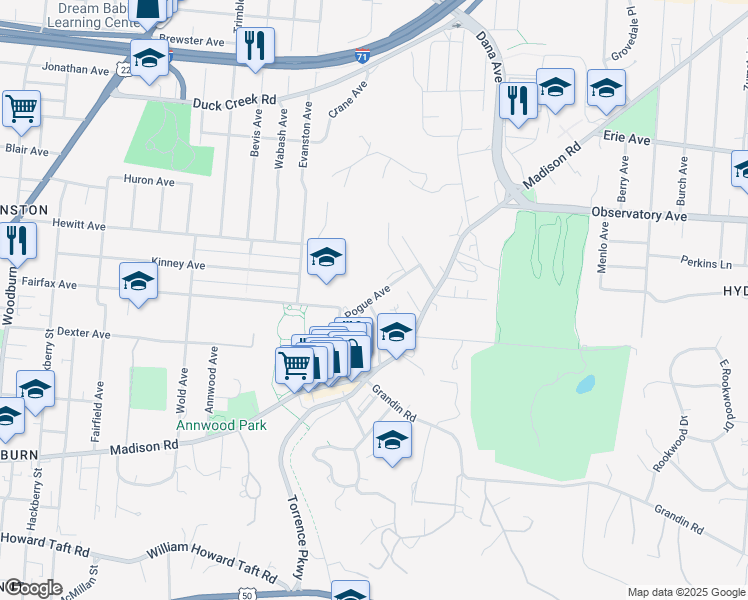 map of restaurants, bars, coffee shops, grocery stores, and more near 2115 Pogue Avenue in Cincinnati