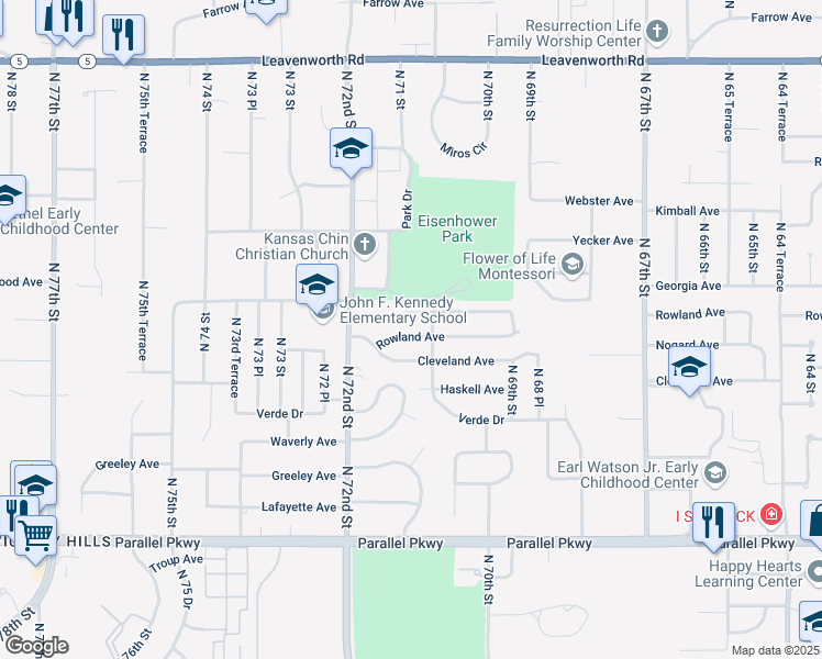 map of restaurants, bars, coffee shops, grocery stores, and more near 7106 Rowland Avenue in Kansas City