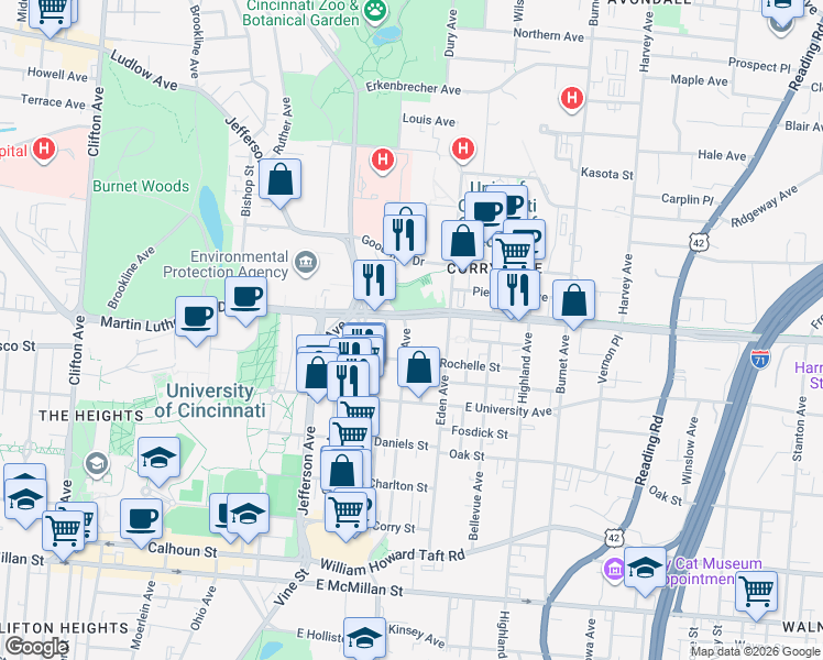 map of restaurants, bars, coffee shops, grocery stores, and more near 3022 Euclid Avenue in Cincinnati