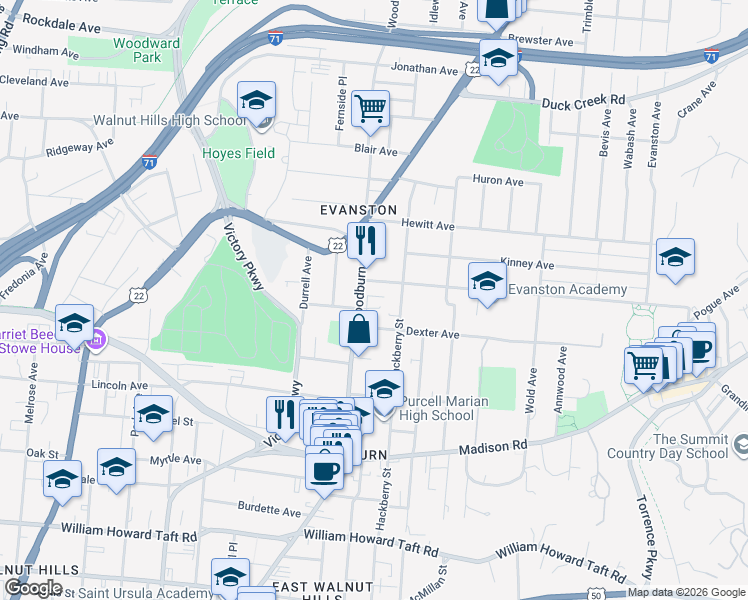 map of restaurants, bars, coffee shops, grocery stores, and more near 3128 Woodburn Avenue in Cincinnati