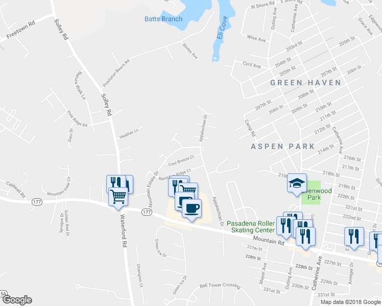 map of restaurants, bars, coffee shops, grocery stores, and more near 360 Cool Breeze Court in Pasadena