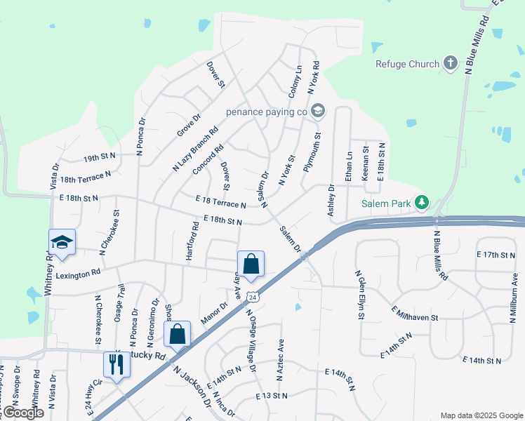 map of restaurants, bars, coffee shops, grocery stores, and more near 19007 East 18 Terrace North in Independence