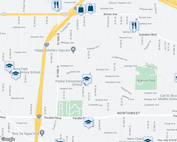 map of restaurants, bars, coffee shops, grocery stores, and more near 2640 North 33rd Street in Kansas City