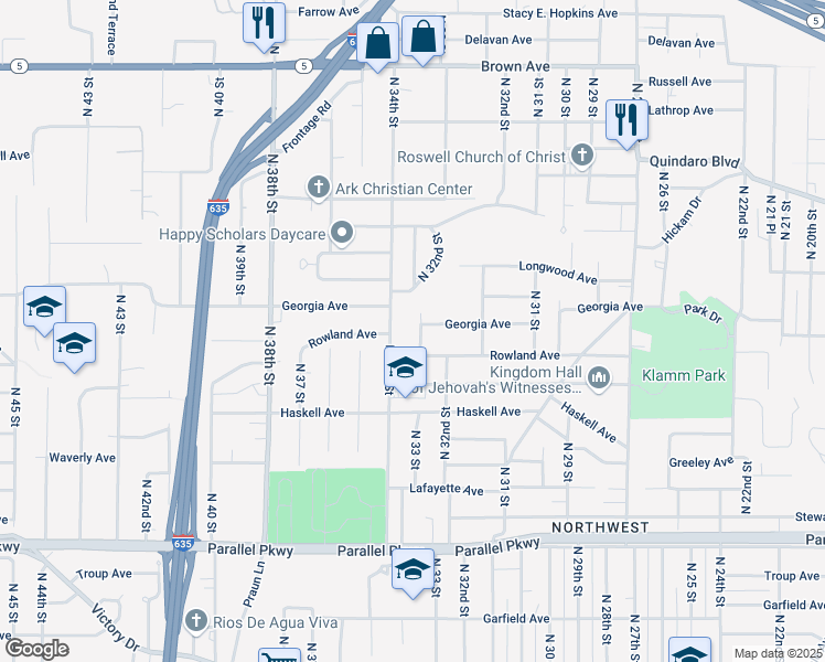 map of restaurants, bars, coffee shops, grocery stores, and more near 2640 North 33 Street in Kansas City