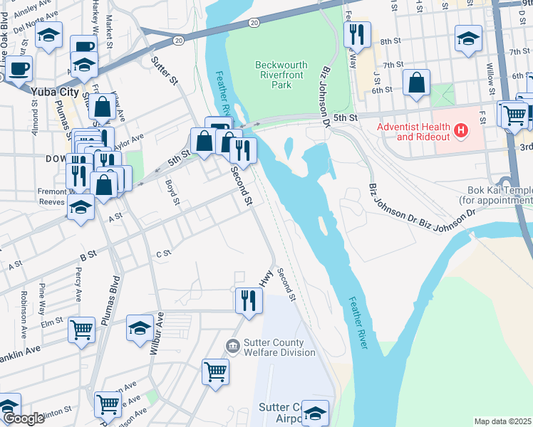 map of restaurants, bars, coffee shops, grocery stores, and more near 423 Second Street in Yuba City