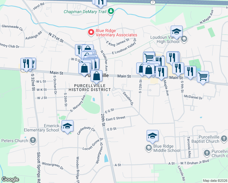 map of restaurants, bars, coffee shops, grocery stores, and more near 105 Desales Drive in Purcellville