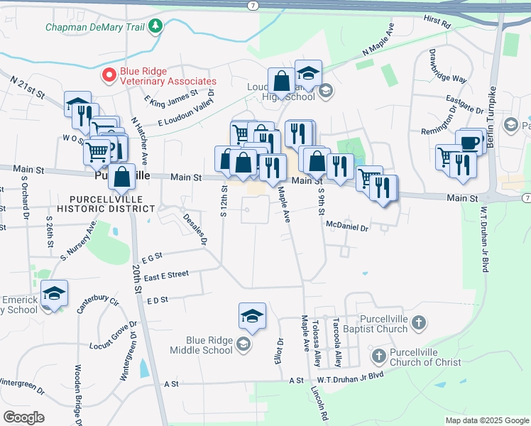 map of restaurants, bars, coffee shops, grocery stores, and more near 540 Gentlewood Square in Purcellville