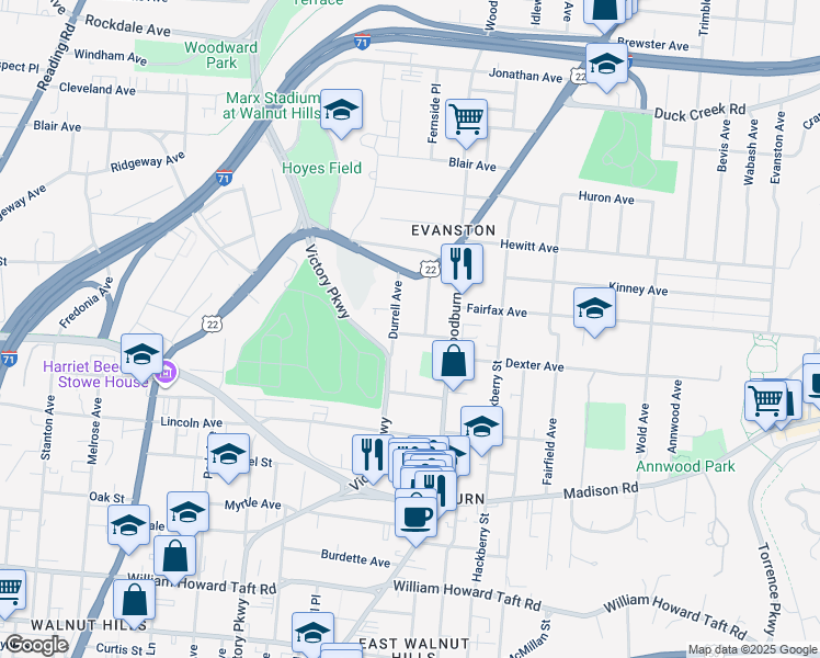 map of restaurants, bars, coffee shops, grocery stores, and more near 1510 Merrimac Street in Cincinnati