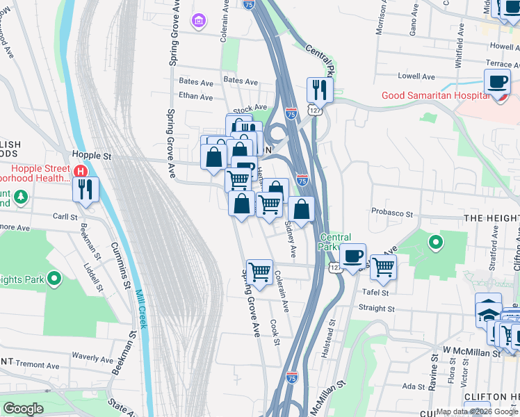 map of restaurants, bars, coffee shops, grocery stores, and more near 2909 Colerain Avenue in Cincinnati